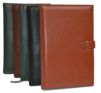 black, green, camel and tan leather Forever journal notebooks