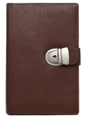 tan leather notebook journal with lock on tab closure